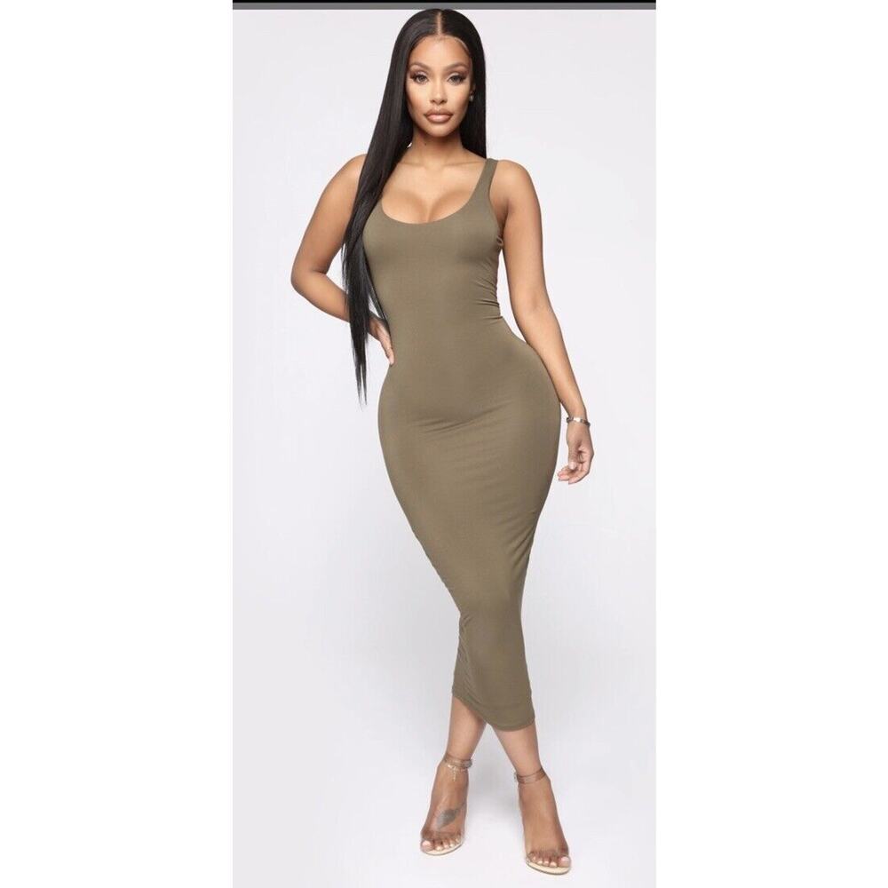 Fashion Nova Bodycon Midi Dress Size XL Olive Green Club Sexy Scoopneck Rayon - Picture 1 of 9